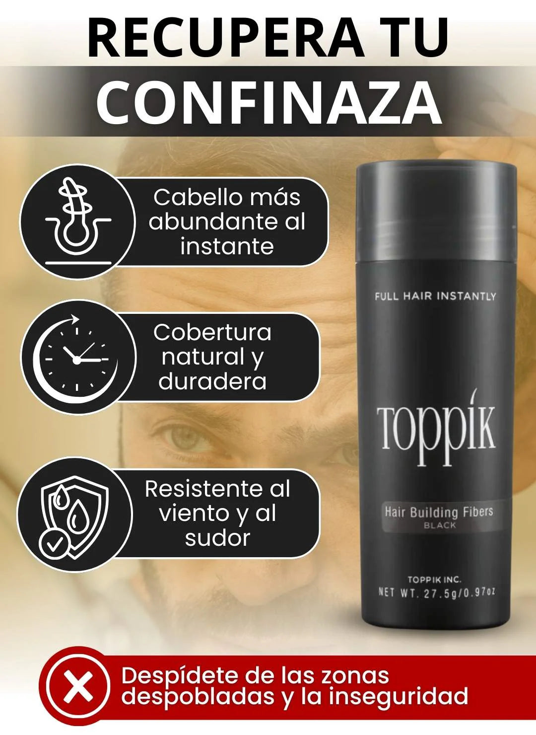 KIT TOPPIK Pro Fibras Capilares 27.5GR + APLICADOR + PEINE - OFERTA !!!