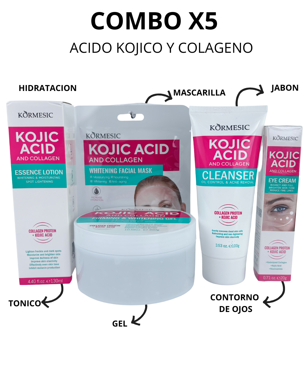 Tratamiento Aclarante Completo - Kit x5 CON ACIDO KOJICO Y COLAGENO