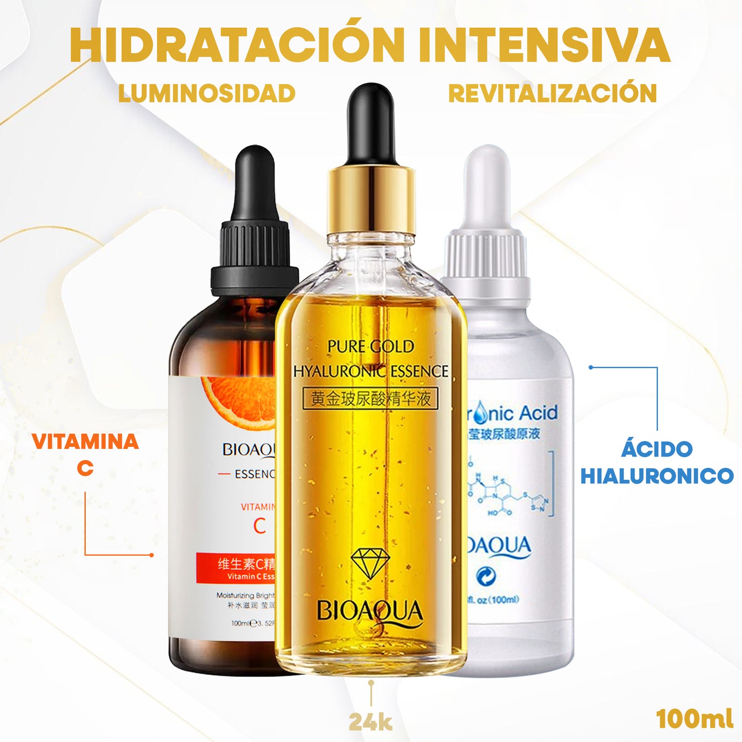 COMBO X3 SERUM BIOAQUA - SERUM VITAMINA C 100 ML / SERUM 24K 100 ML / SERUM ACIDO HIALURONICO 100 ML